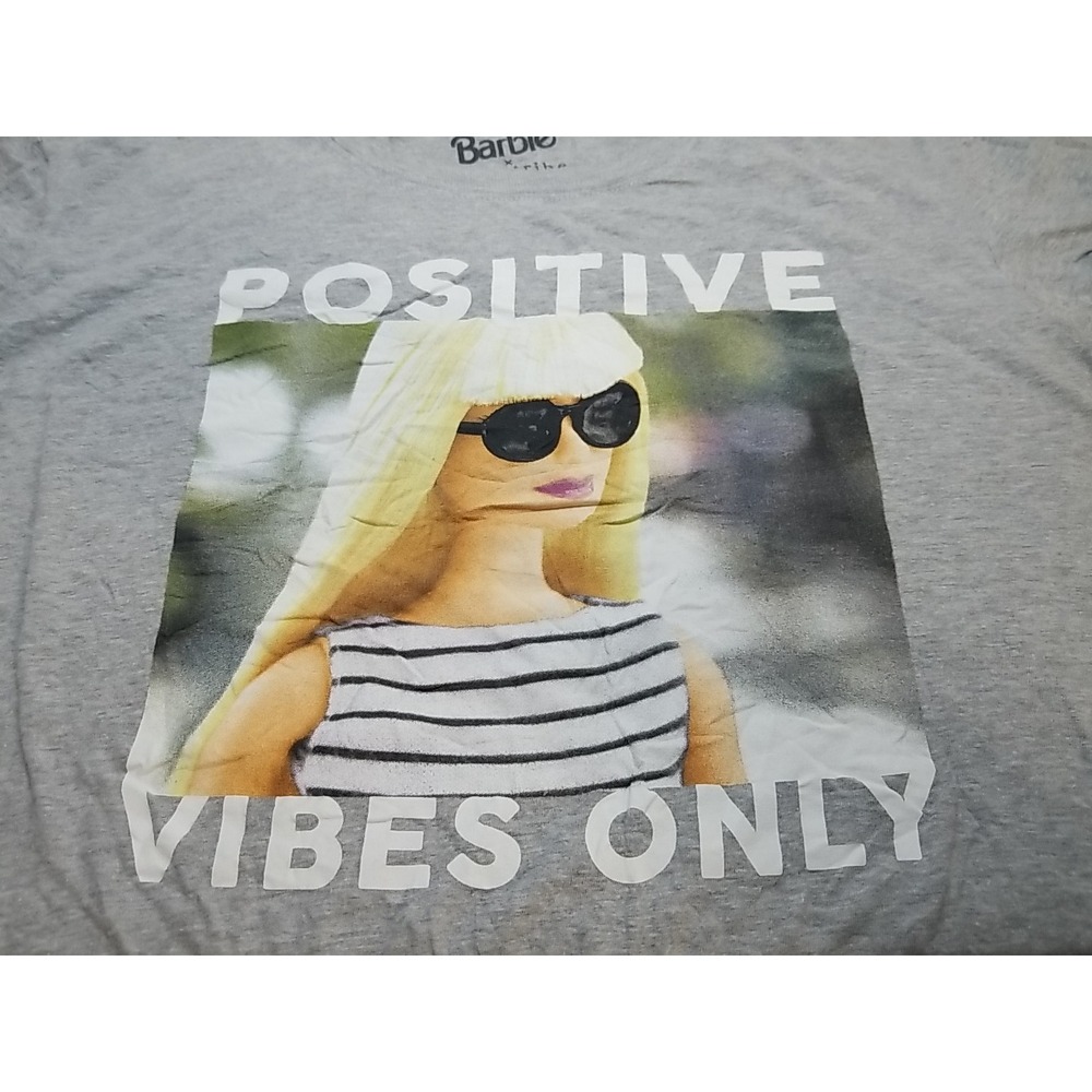 Barbie x Love Tribe Positive Vibes Graphic T Shirt Womens S Gray Short Sleeve